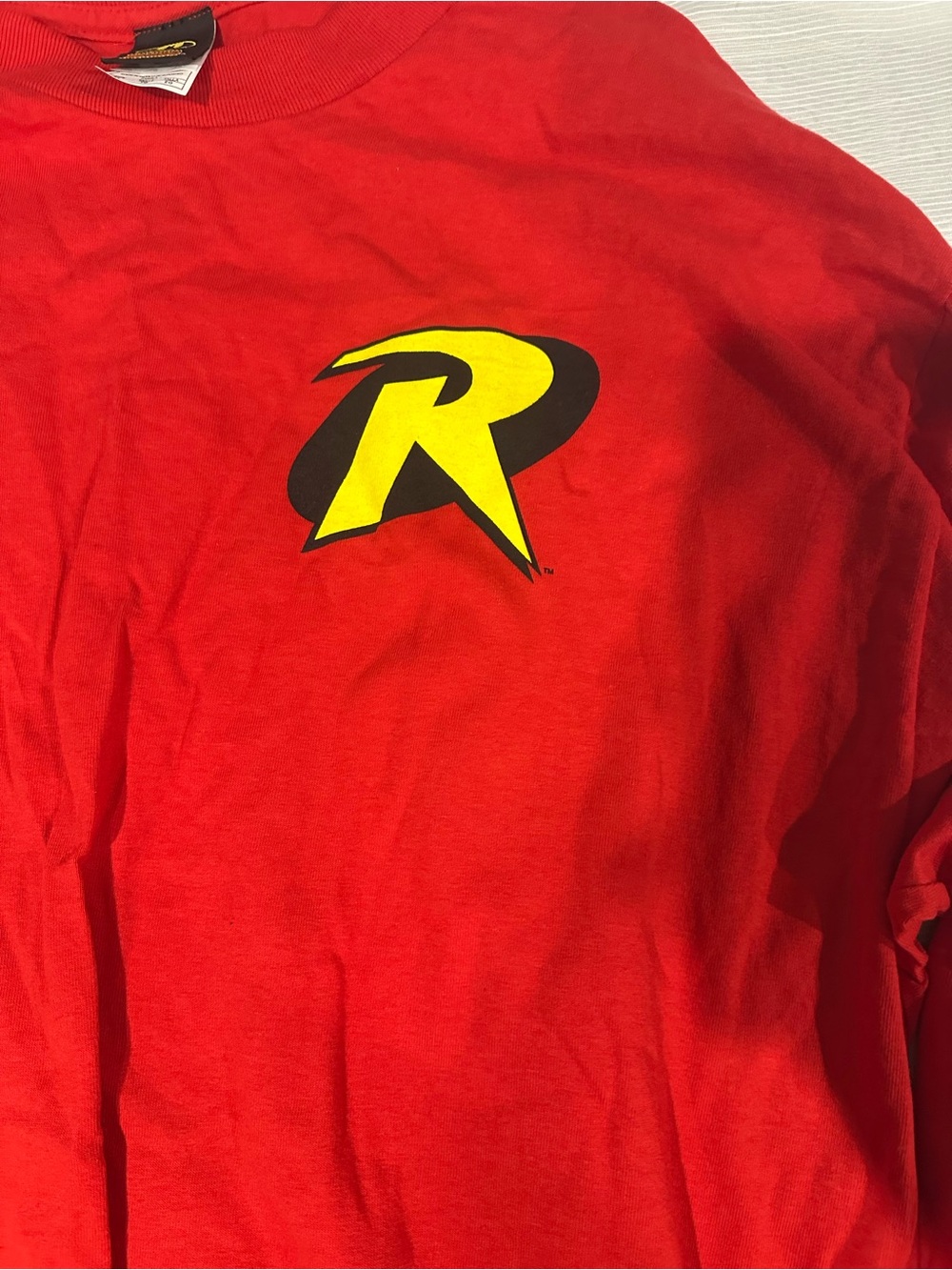 Men’s Batman Red Tee with Yellow Logo Neck Tag